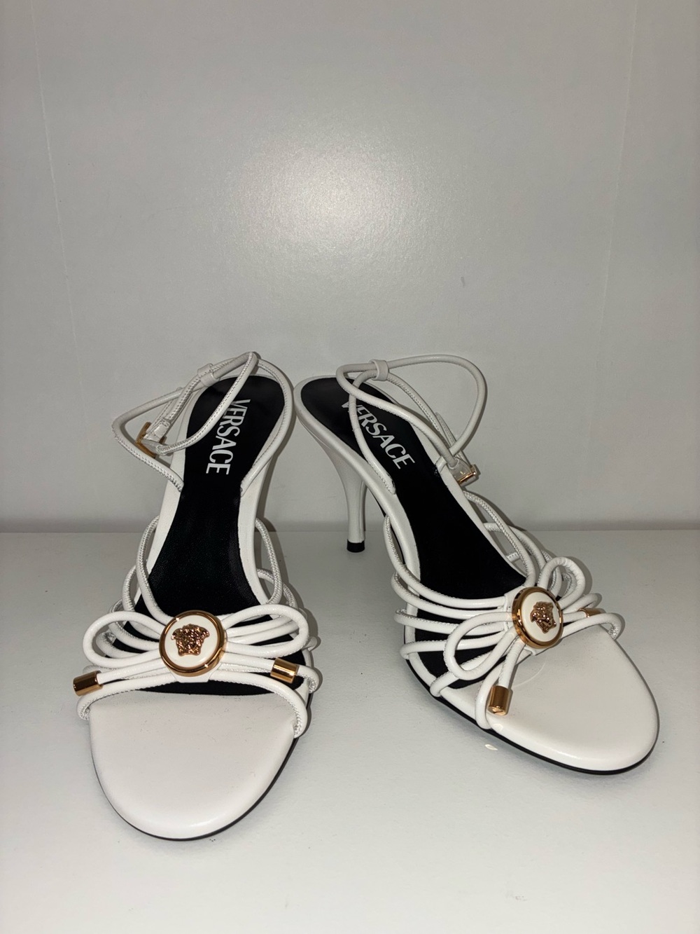 Versace White Rope-Strap Medusa Heel Sandals with Gold Accents